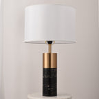 White Marble and Brass Table Lamp, White Drum Shade, 22 Inch