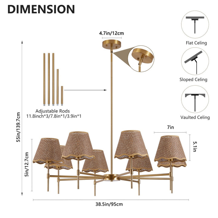 Dimension diagram for Bohemian Farmhouse Rattan Pendant Chandelier, 8-Light, Gold Finish, 38.6 in.