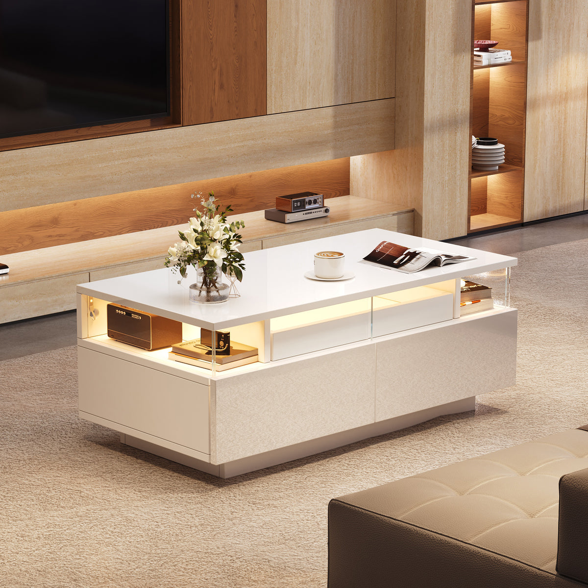 High-Gloss LED Coffee Table with Serving Tray, White