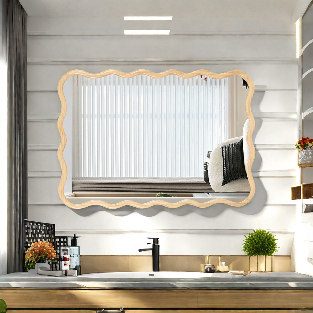 Solid Wood Wavy Rectangle Mirror-Natural-Wood 40X 28 Modern Mirror Wal