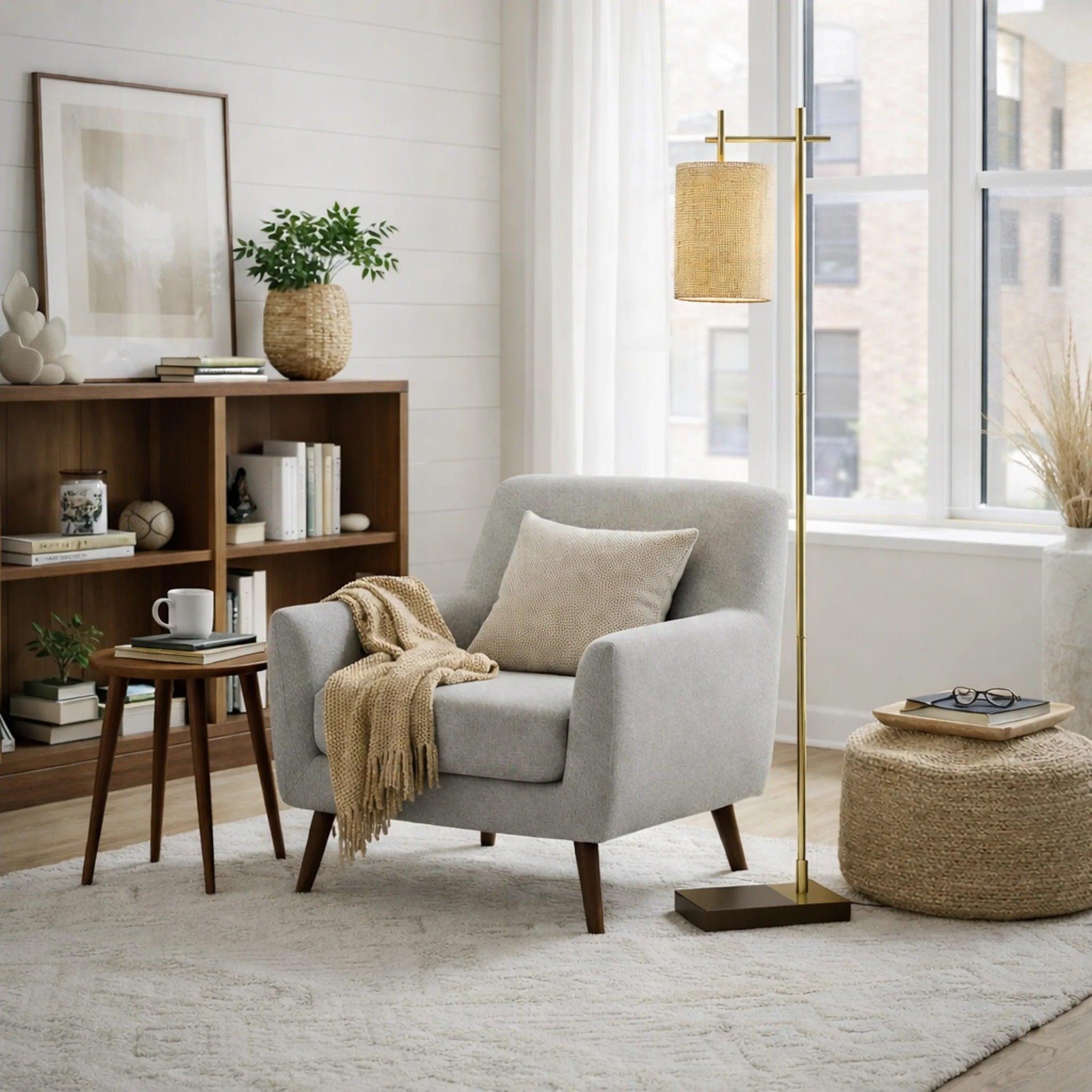 Tall Corner Floor Lamp, Bamboo Lampshade, Dark Brown & Gold Finish