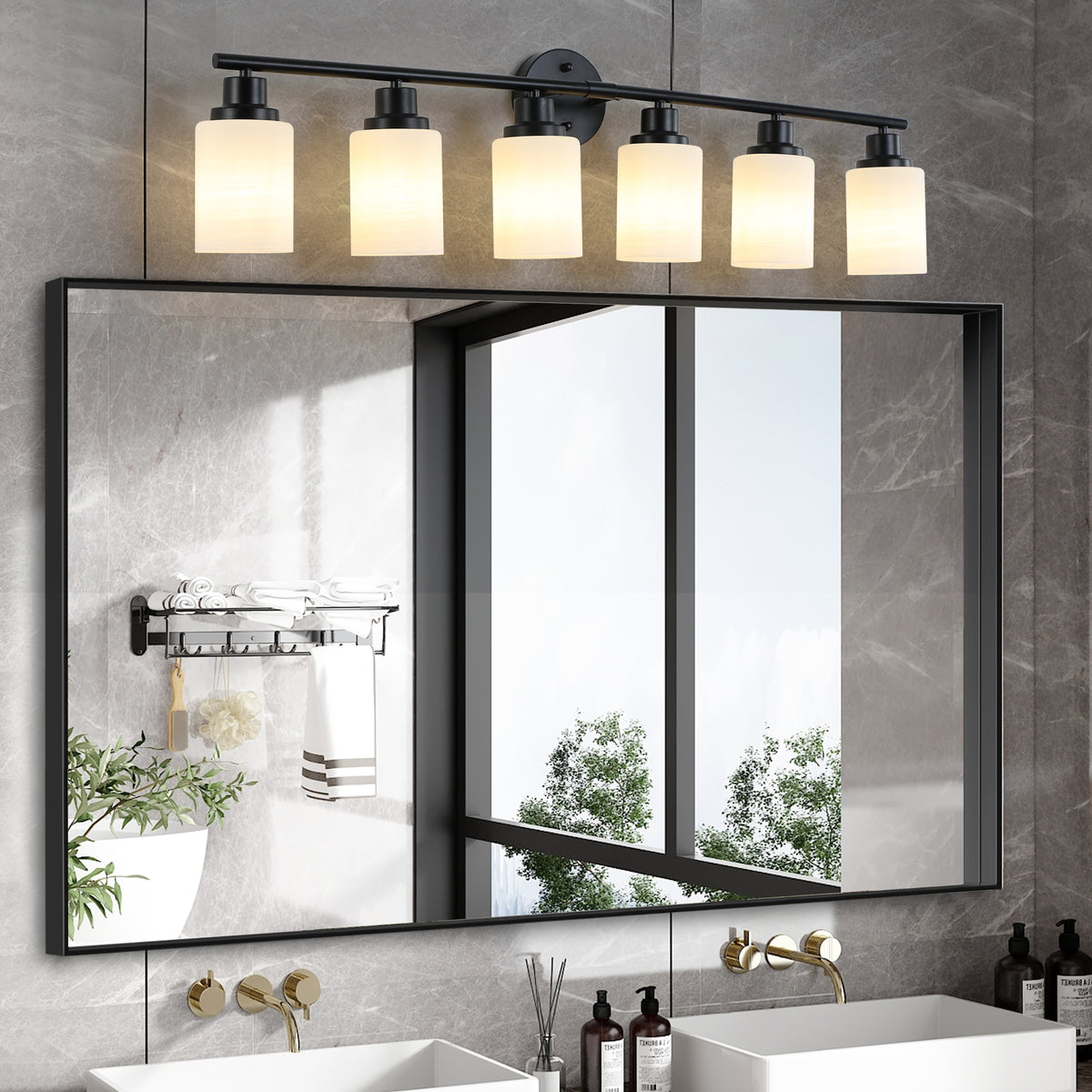 Modern 6-Light Vanity Bathroom Light, White Frosted Glass and Black Iron Frame, 39 in., for Bathroom — detail view 2