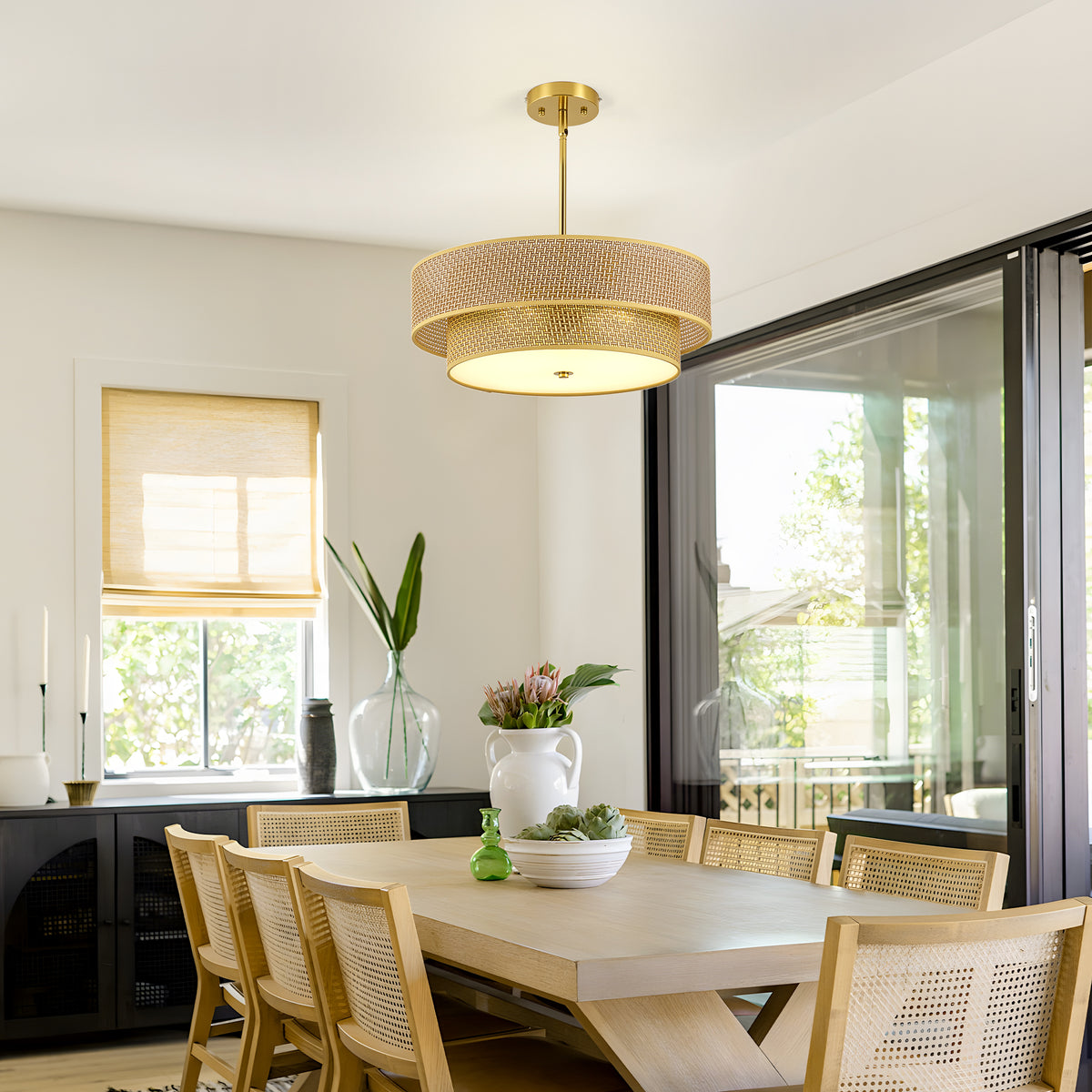 Woven Rattan Semi Flush Mount Ceiling Light, Linen Shade, 17.7 Inch — detail view 3