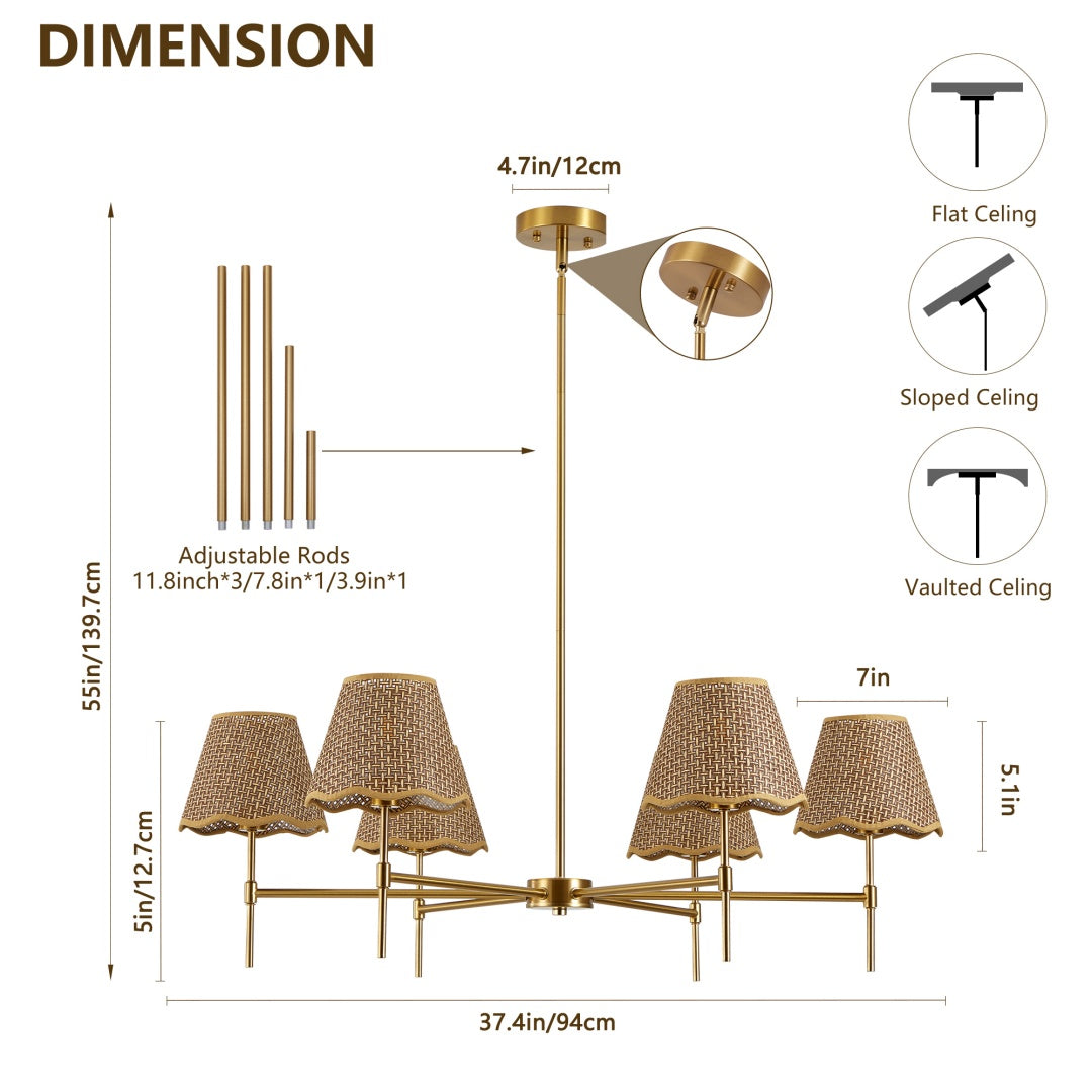 Boho Rattan 6-Light Chandelier, Handmade Woven Shade, Brass-Finished Rod, Large
