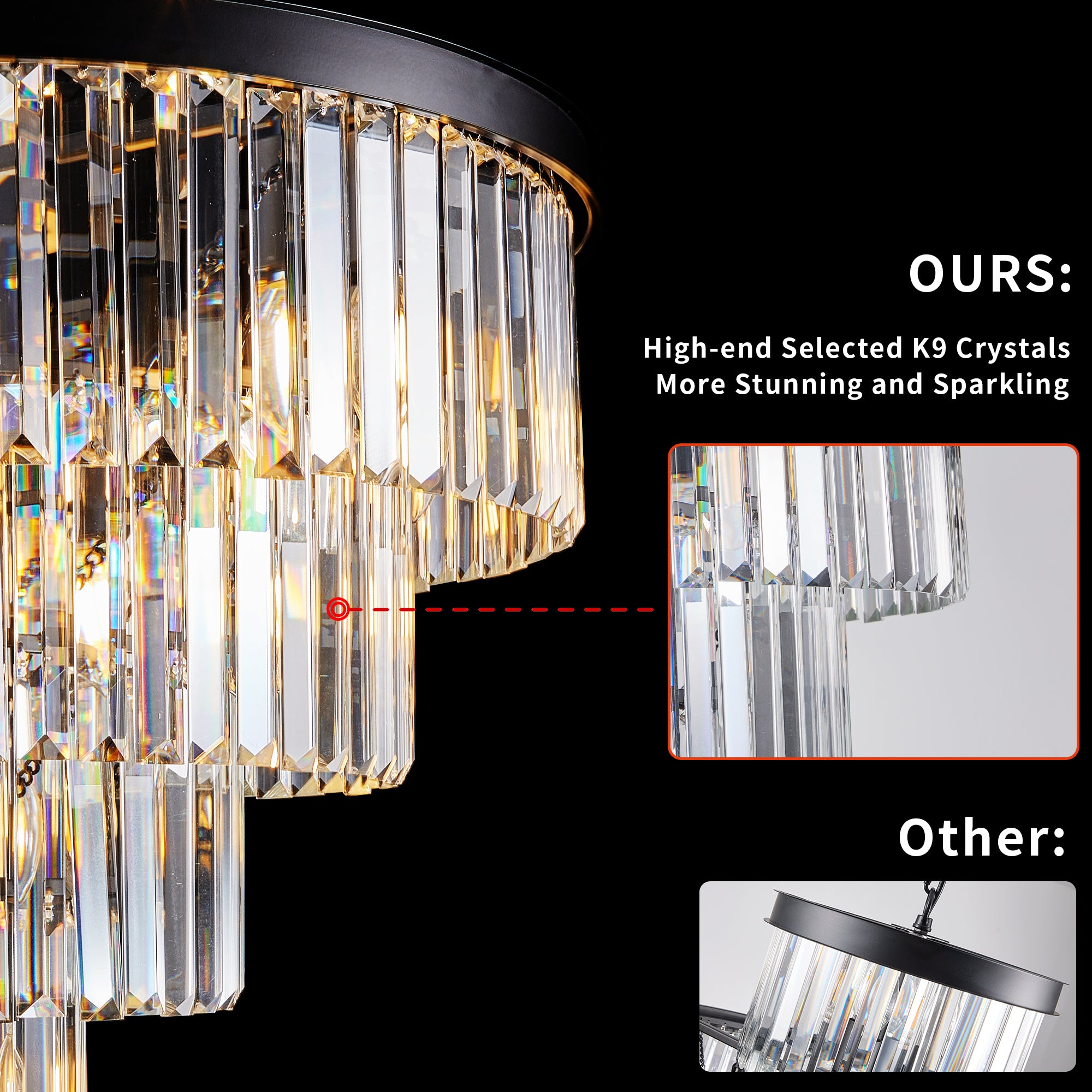 4-Tier K9 Crystal Chandelier, Black Iron Frame, 24 In. Wide