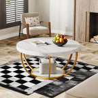 Round Faux Marble Coffee Table with Gold Base, 31.5 in
