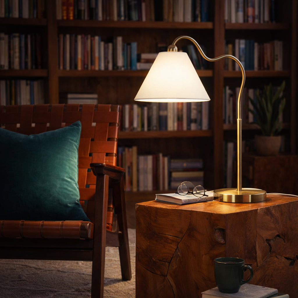 Ornate Brass Ring Base Curved Table Lamp with Triangle White Drum Shade, 18.25 in. — detail view 3