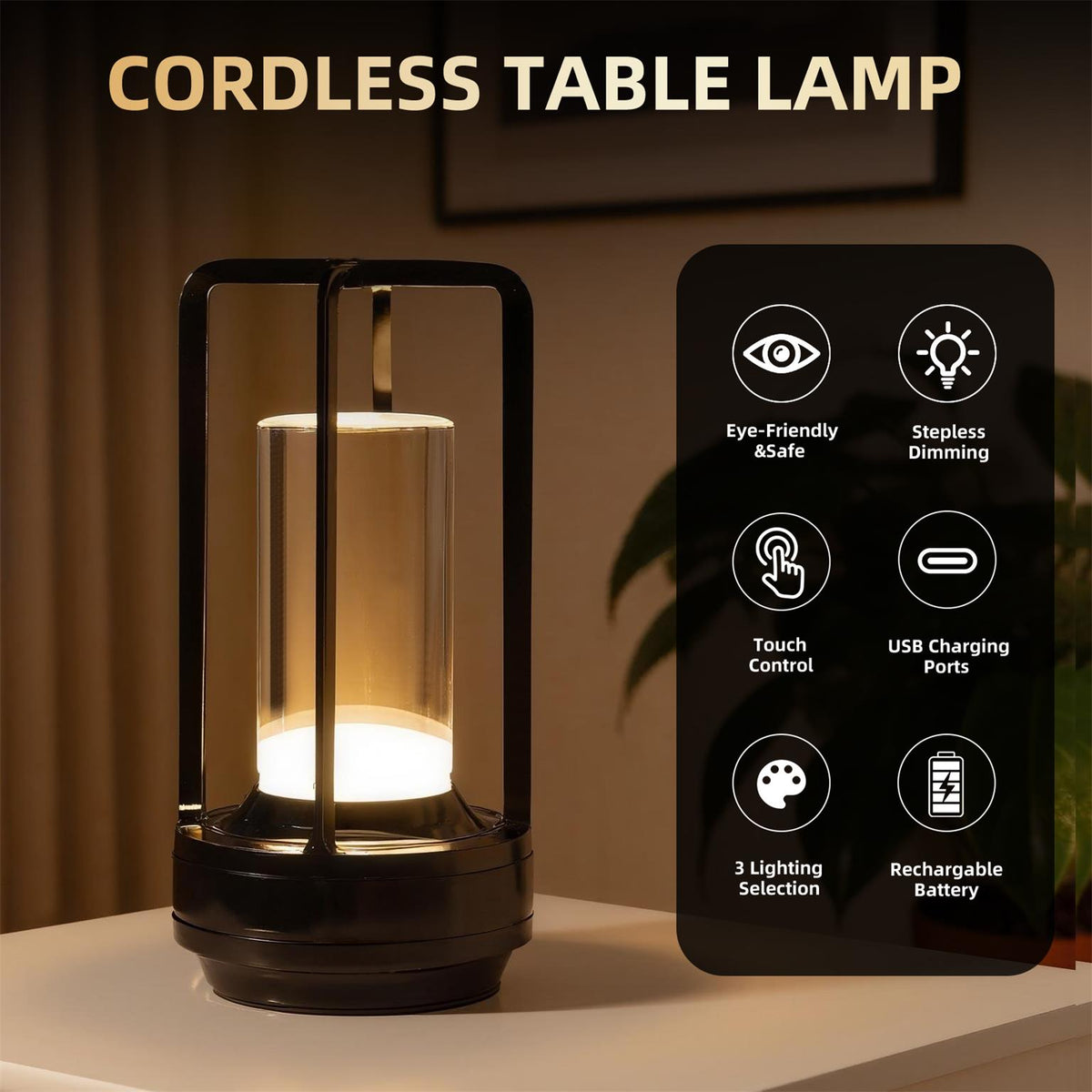 Portable Touch Control Table Lamp, 5000mAh Battery 3-Color Dimming, Cordless LED for Bedroom — detail view 4