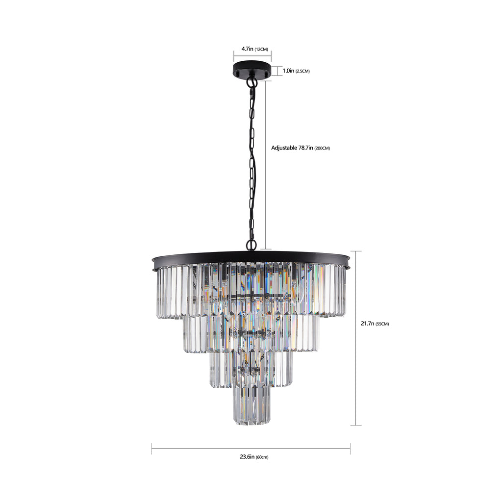 4-Tier K9 Crystal Chandelier, Black Iron Frame, 24 In. Wide