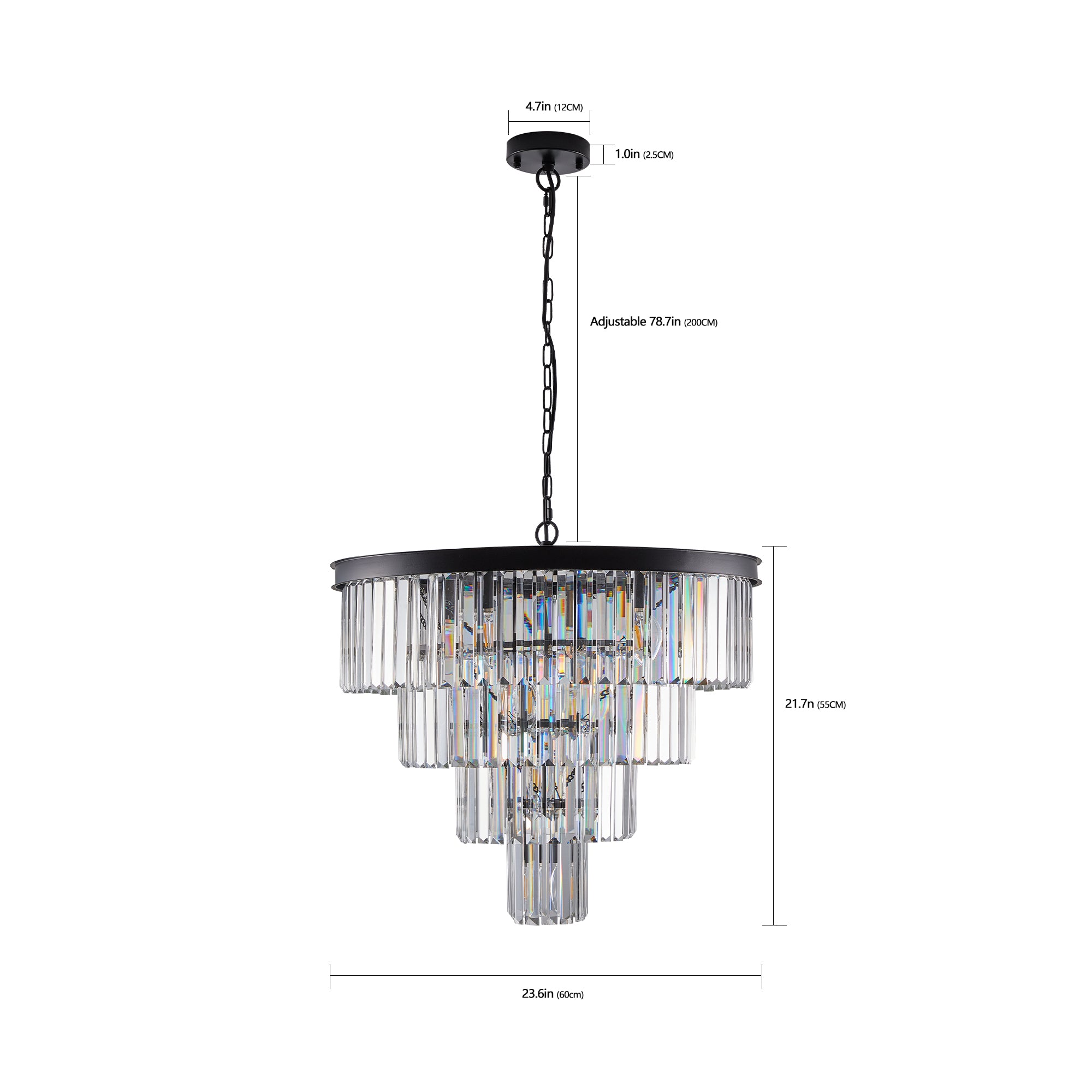 4-Tier K9 Crystal Chandelier, Black Iron Frame, 24 In. Wide