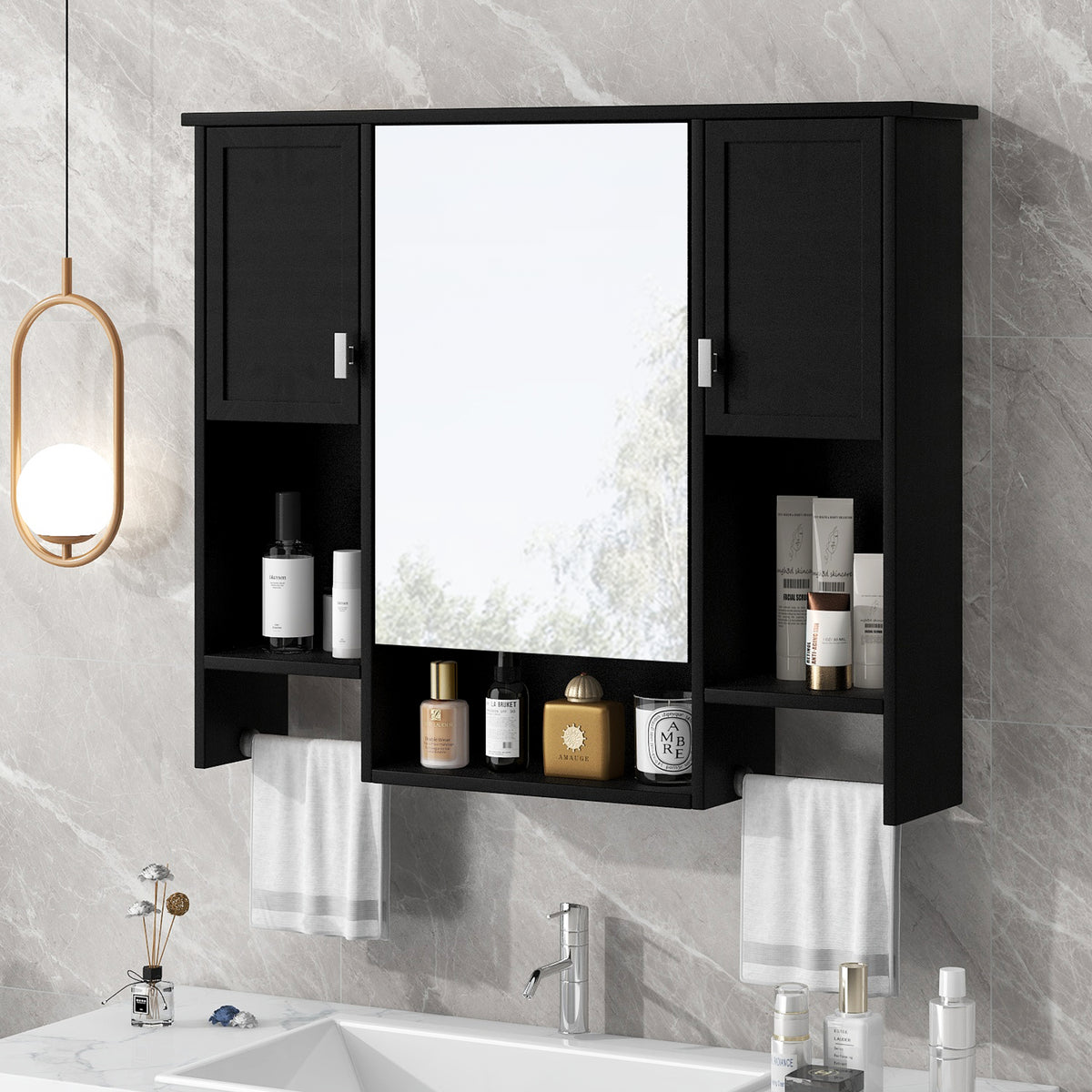 Modern Wall-Mounted Bathroom Medicine Cabinet with Mirror, Black Storage Cabinet, 35 x 28 in. — detail view 2