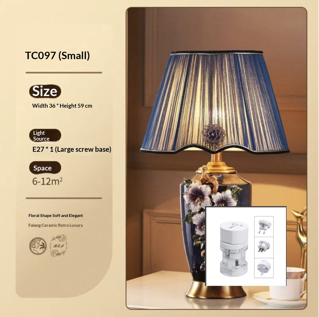 Enamel Ceramic Table Lamp, Floral Relief, Pleated Shade