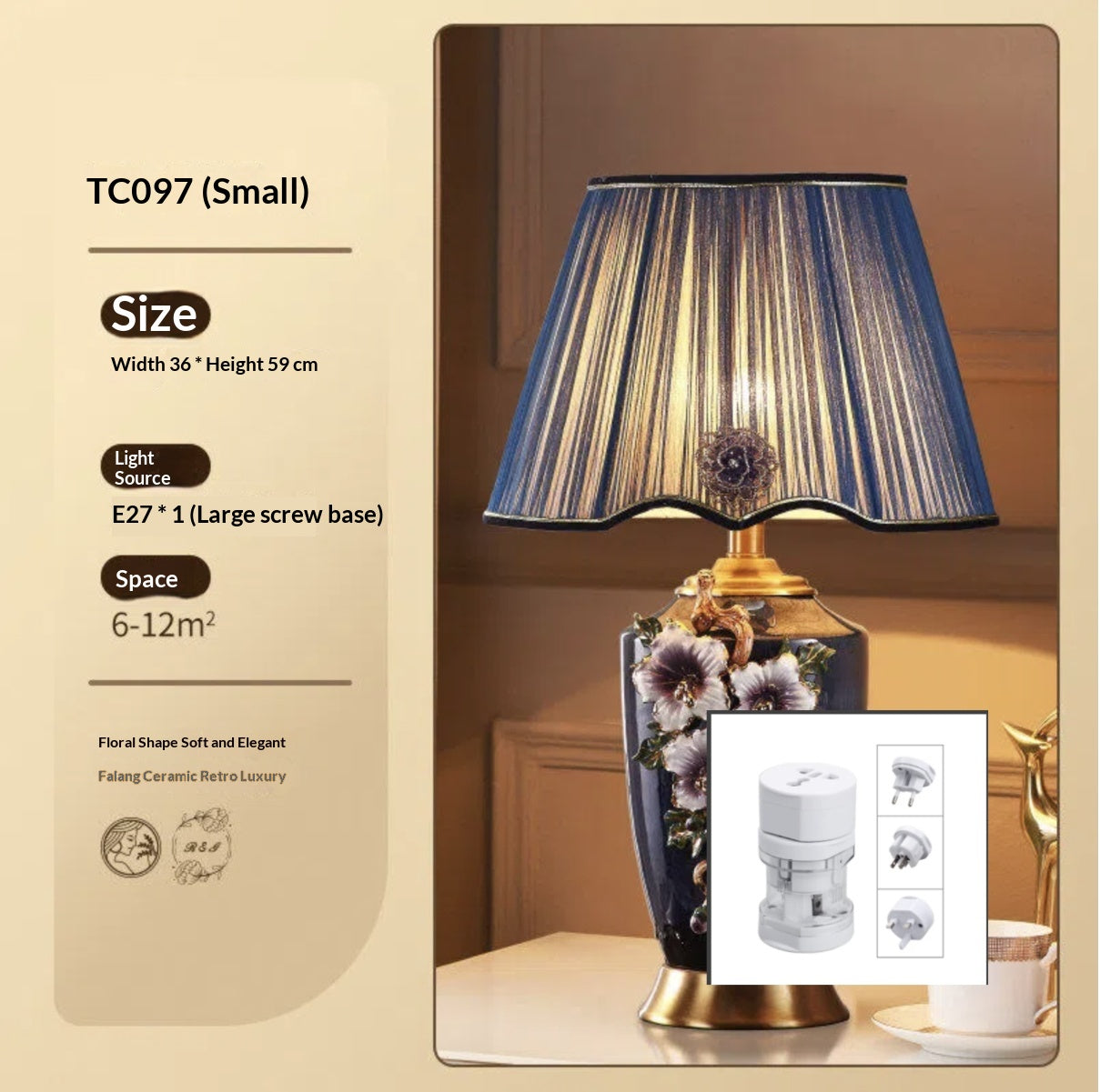 Enamel Ceramic Table Lamp, Floral Relief, Pleated Shade