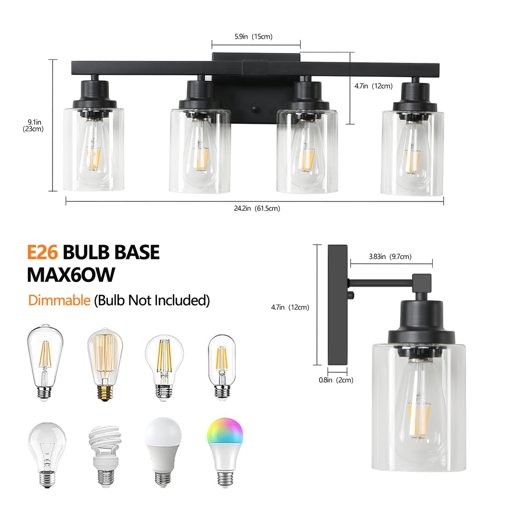 24 Modern Black 4-Light Bathroom Vanity Light Fixture