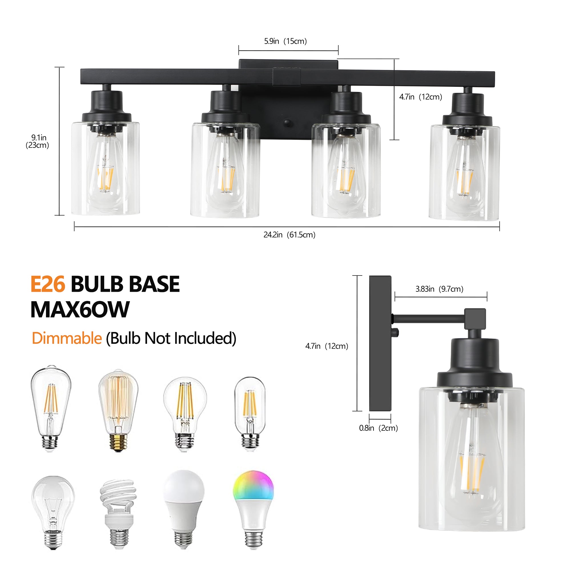 24 Modern Black 4-Light Bathroom Vanity Light Fixture