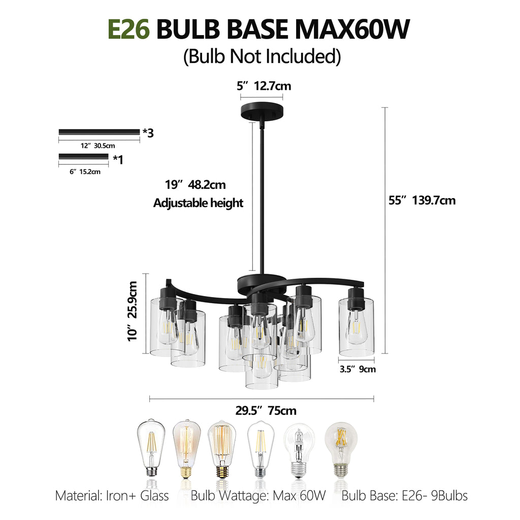 9-Light Black Iron Chandelier with Clear Glass Shades, 30 in
