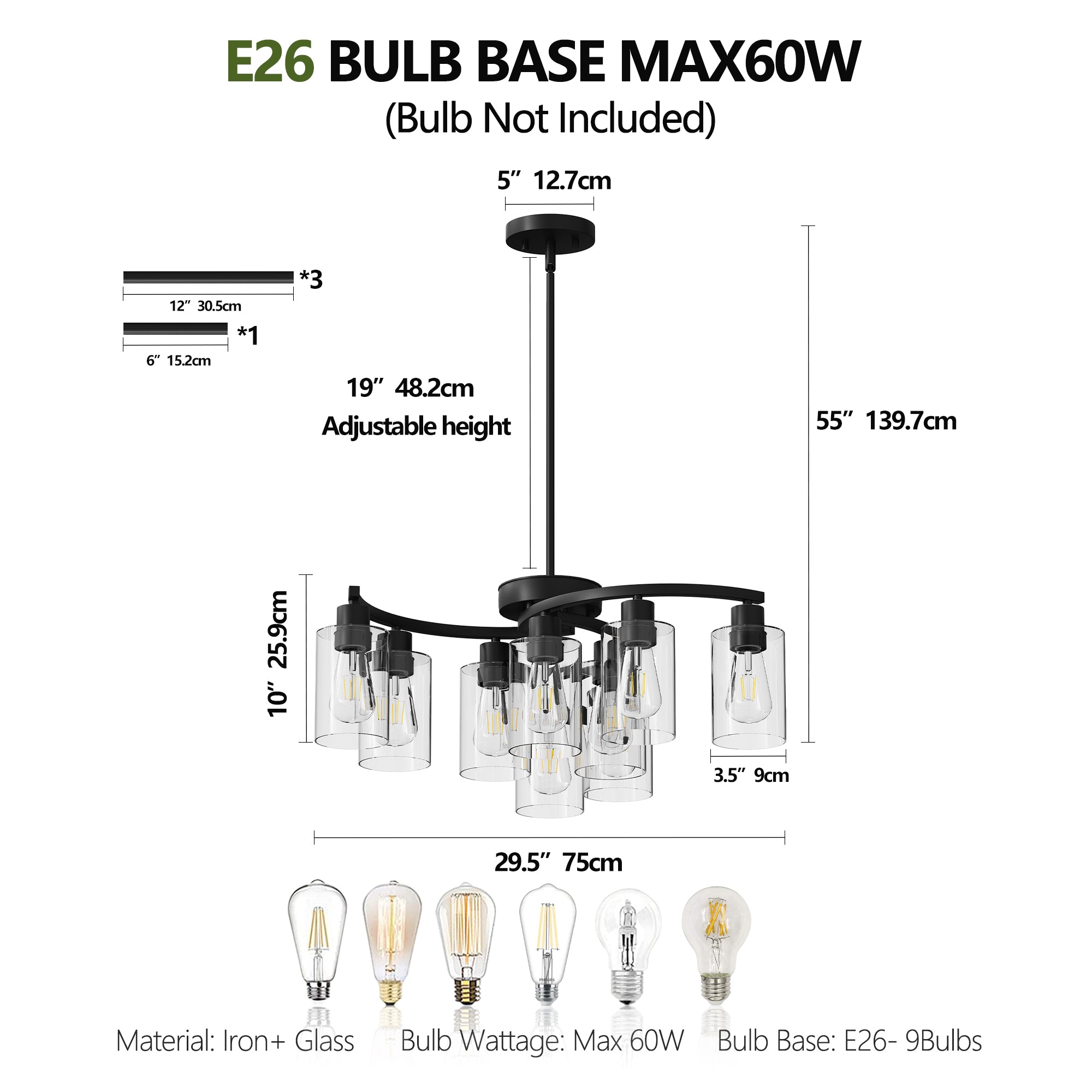 9-Light Black Iron Chandelier with Clear Glass Shades, 30 in