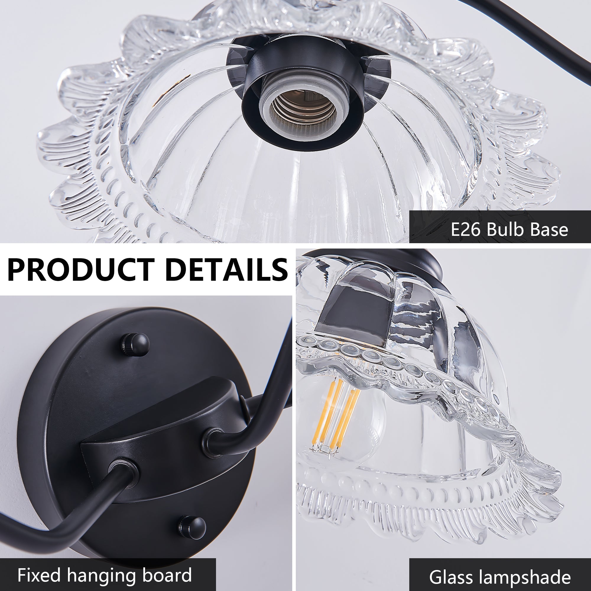 24 Inch 3-Light Vintage Bathroom Wall Sconce Elegant Black Metal And G