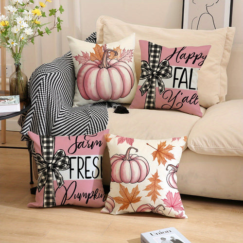 4 Pack Fall Pillow Covers 18x18in Farmhouse Pumpkin Maple Leaf Cushion