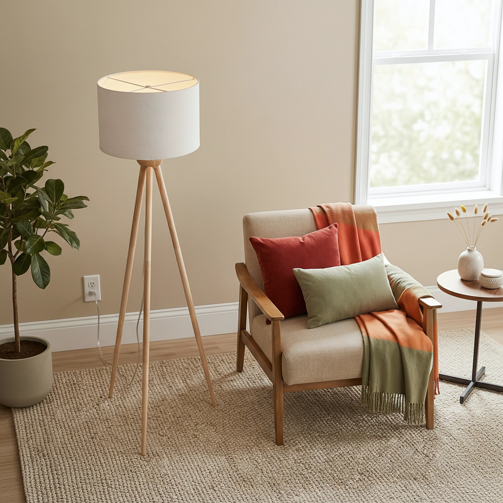 Tall Corner LED Floor Lamp, Three-Legged Wood Base, Brown Finish
