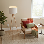Tall Corner LED Floor Lamp, Three-Legged Wood Base, Brown Finish