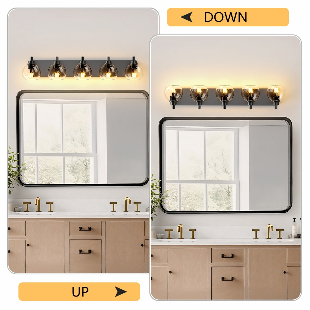 5-Light Bathroom Vanity Light, Clear Glass Globe Shades over Mirror, Matte Black, for Bathroom — detail view 2