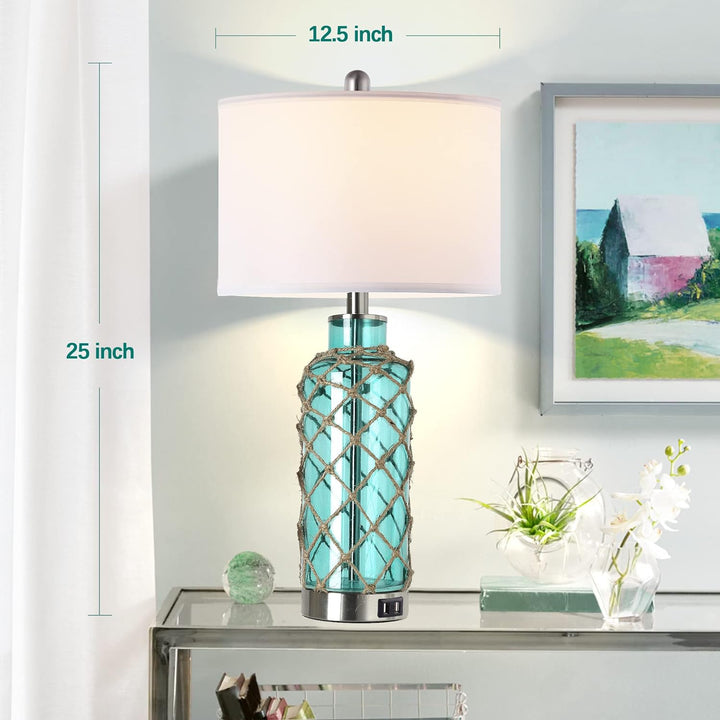 Dimension diagram for Coastal Glass Accent Table Lamp, Touch Control USB Ports, Blue Green Rope Net, Set of 2 for Bedroom