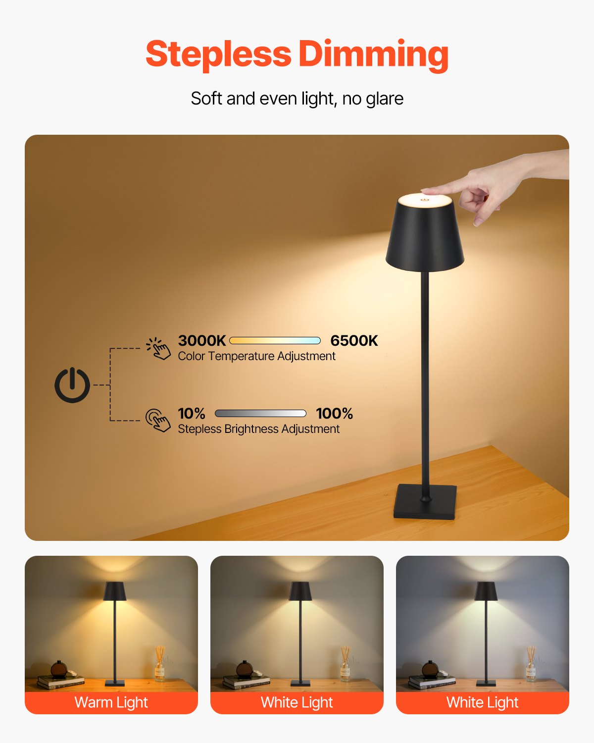 Cordless Table Lamp, Detachable Bottle-Top Head Rechargeable, Black, for Bedroom — detail view 3