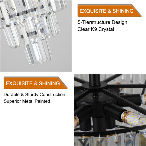 Large Black Crystal Chandelier, Modern Ceiling Light Fixture — detail view 3
