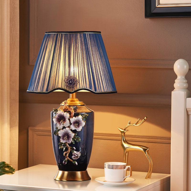 Enamel Ceramic Table Lamp, Floral Relief, Pleated Shade
