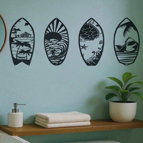 Metal Surfboard Wall Art, Coastal Beach House Decor, Modern Nautical, Set of 4 for Living Room — detail view