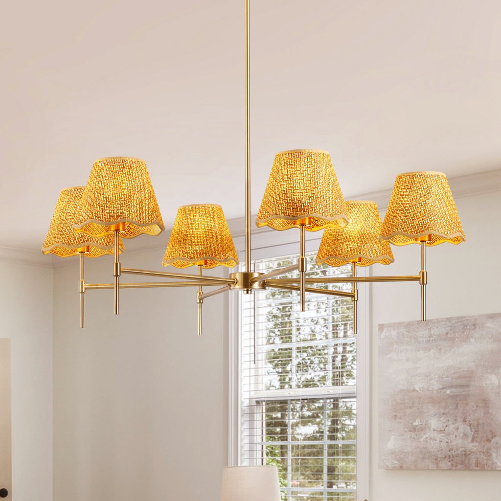 Boho Rattan 6-Light Chandelier, Handmade Woven Shade, Brass-Finished Rod, Large
