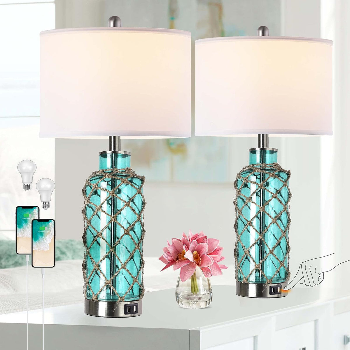 Coastal Glass Accent Table Lamp, Touch Control USB Ports, Blue Green Rope Net, Set of 2 for Bedroom — detail view 2