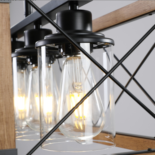 Walnut & Black Rectangular Pendant Light, Industrial Farmhouse Chandelier, 32 in.