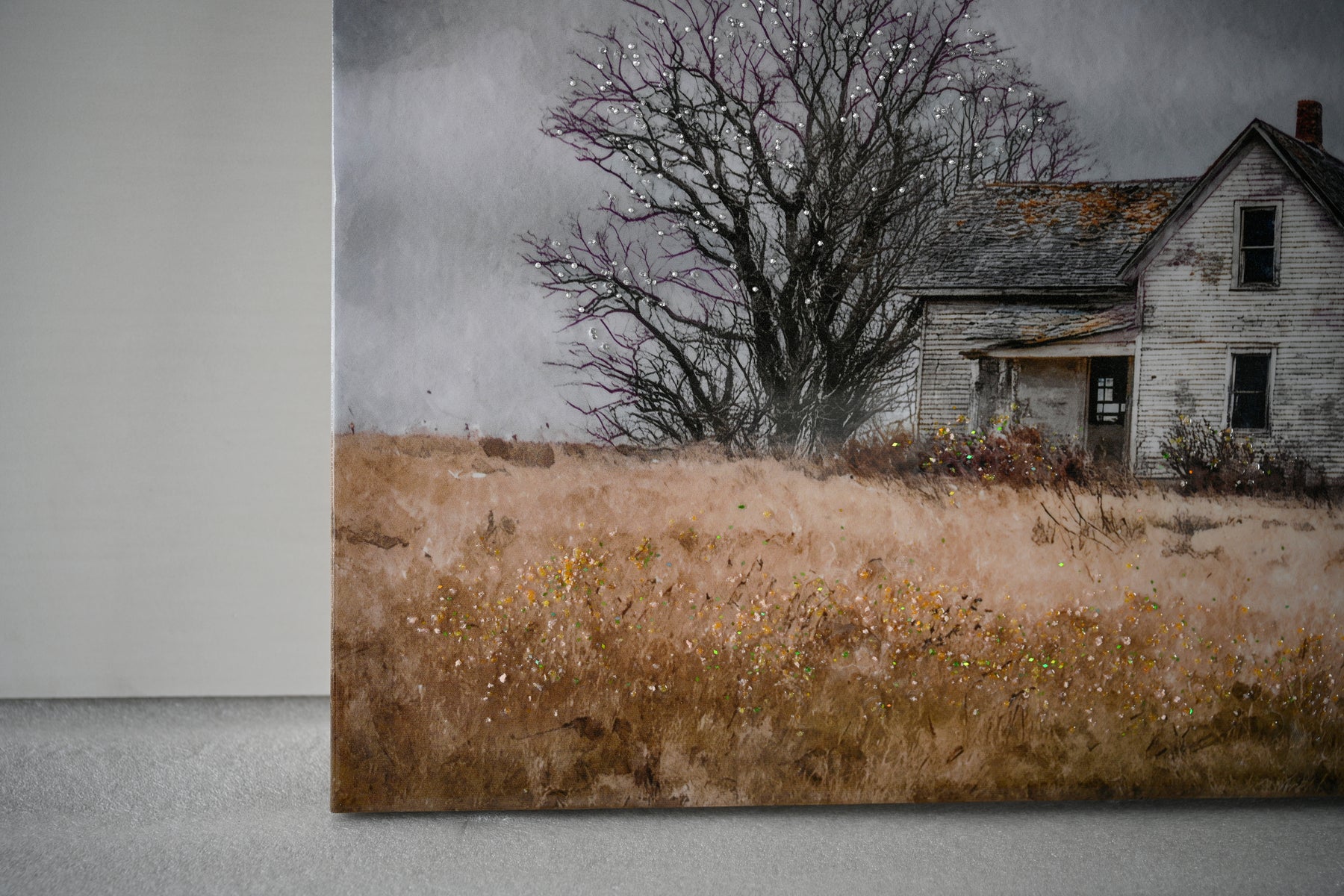 Rustic Farmhouse Framed Wall Art, Vintage Barn Country Field Landscape Print, for Bathroom — detail view
