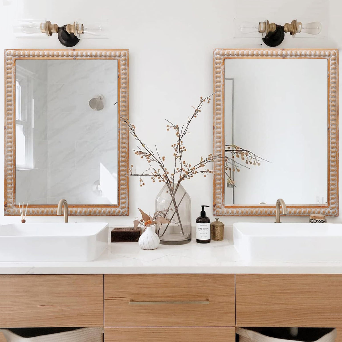 Farmhouse Wood Framed Rectangle Wall Mirror, Antique Natural, 22x30 in., for Bathroom Vanity — detail view 2