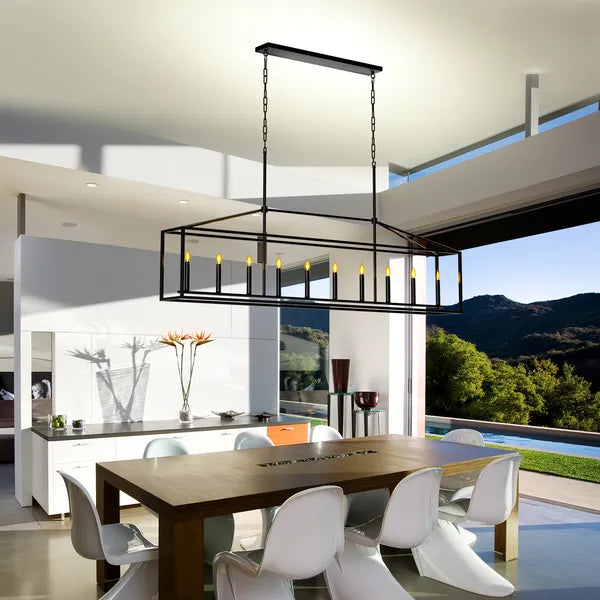 Farmhouse Rectangular 10-Light Linear Chandelier, Matte Black Finish