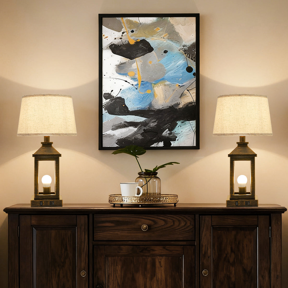 20.5in Black Gold Farmhouse Bedside Table Lamp