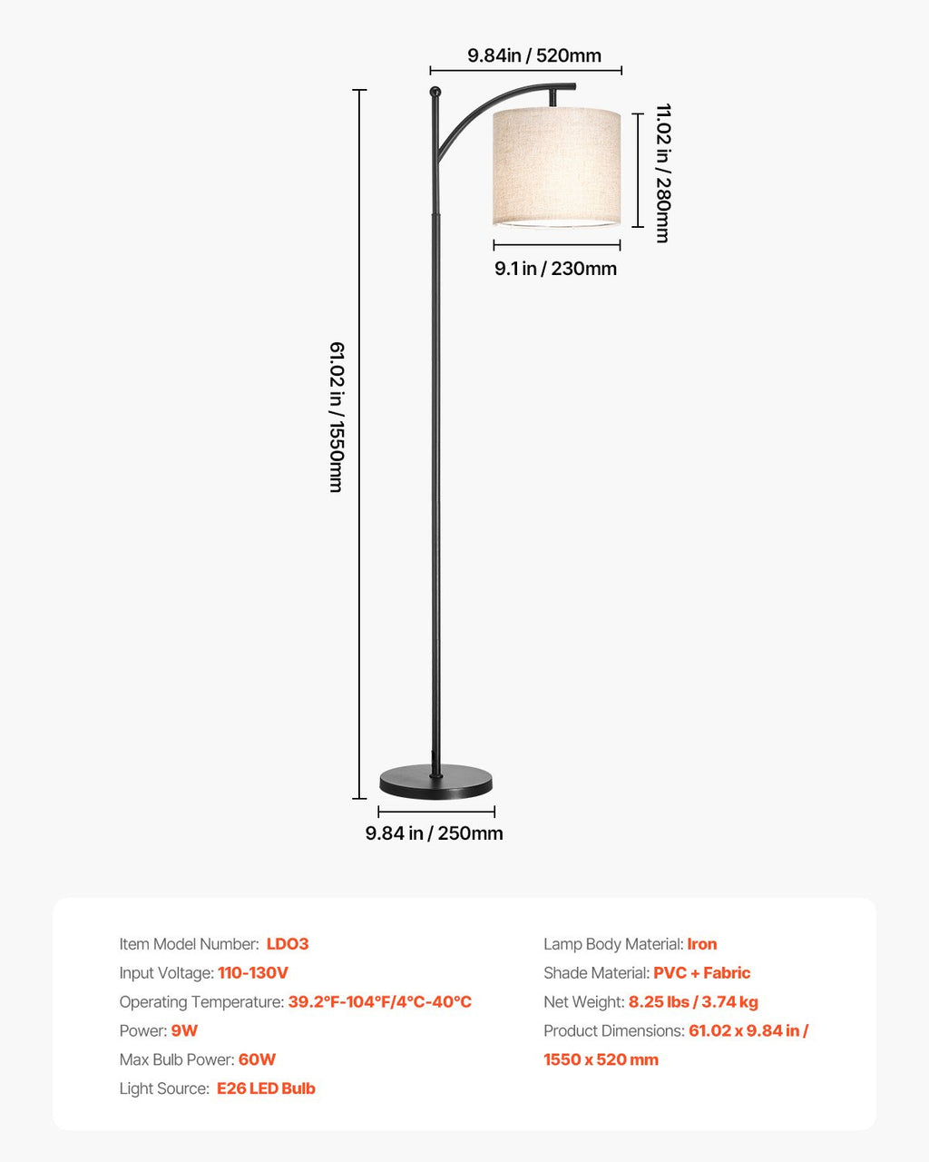 Dimmable LED Floor Lamp, Adjustable Color Temperature, Remote Control