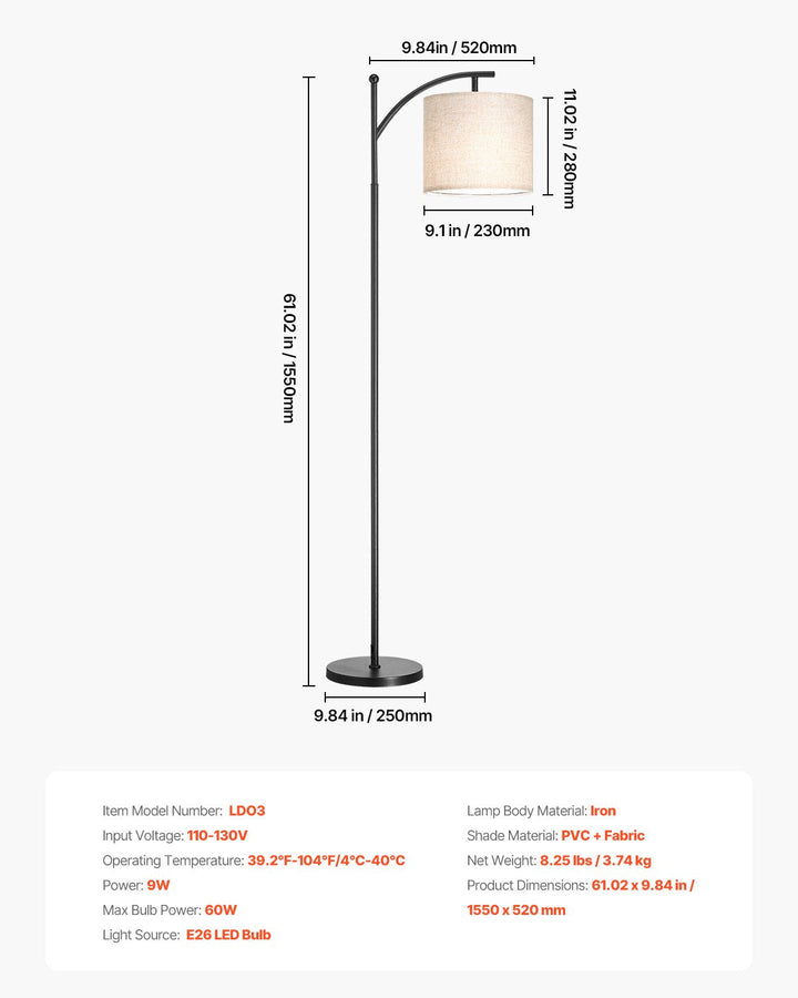 Dimension diagram for Dimmable LED Floor Lamp, Adjustable Color Temperature, Remote Control