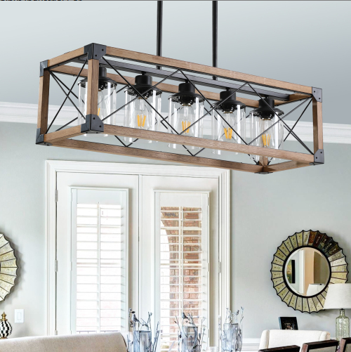 Walnut & Black Rectangular Pendant Light, Industrial Farmhouse Chandelier, 32 in.