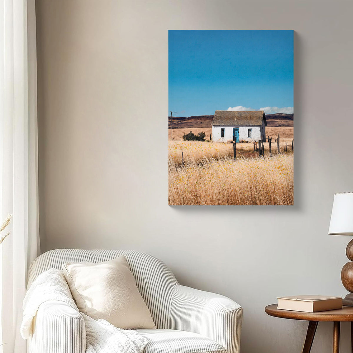 Farmhouse Framed Canvas Wall Art, White House Countryside Print, Natural and Blue, for Living Room — detail view 3