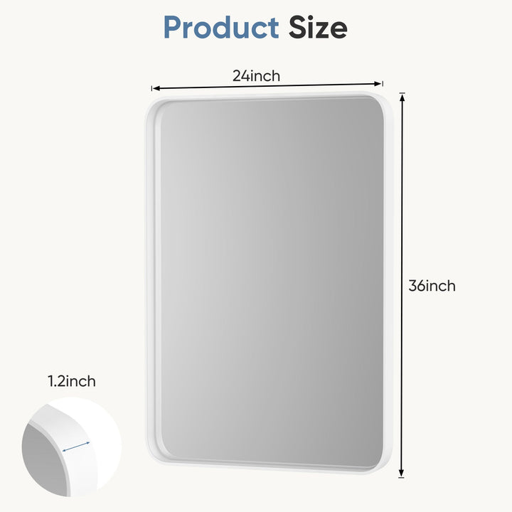 Dimension diagram for Rectangular Framed Bathroom Mirror, Anti-Fog Glass, Wood, Silver and White, 22x30 and 24x36 in.