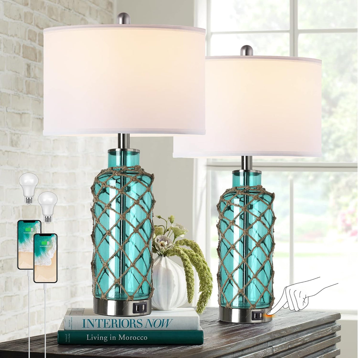 Coastal Glass Accent Table Lamp, Touch Control USB Ports, Blue Green Rope Net, Set of 2 for Bedroom — detail view