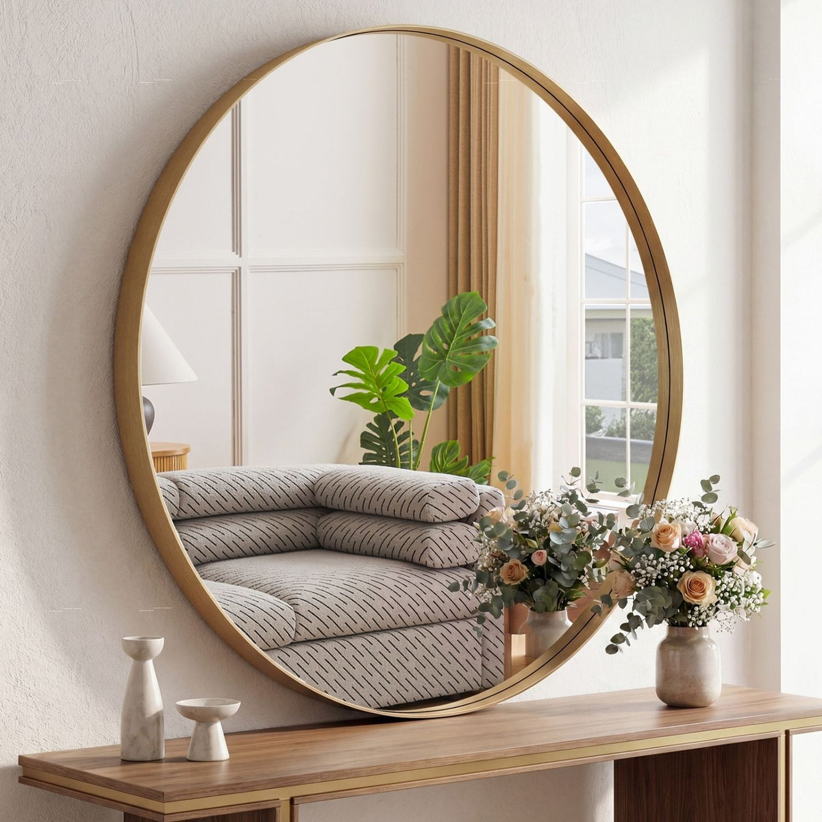 Round Metal Frame Wall Mirror, Slim Circular Border, Black or Gold, 20 to 28 in. for Living Room — Gold · 30 in