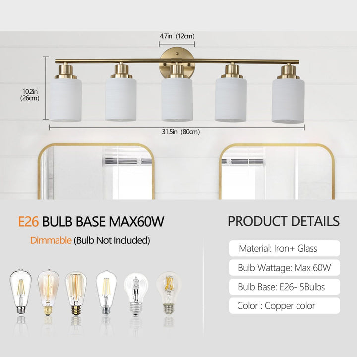 Dimension diagram for Modern 5-Light Vanity Wall Sconce, Frosted Glass Shades, Gold Finish, 31 in., for Bathroom