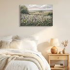 Vintage Framed Canvas Wall Art, Floral Meadow Landscape Print, Green and Ivory, for Living Room — detail view 4