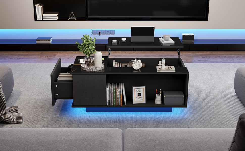 Height-Adjustable Coffee Table with Hidden Storage, Matte Black