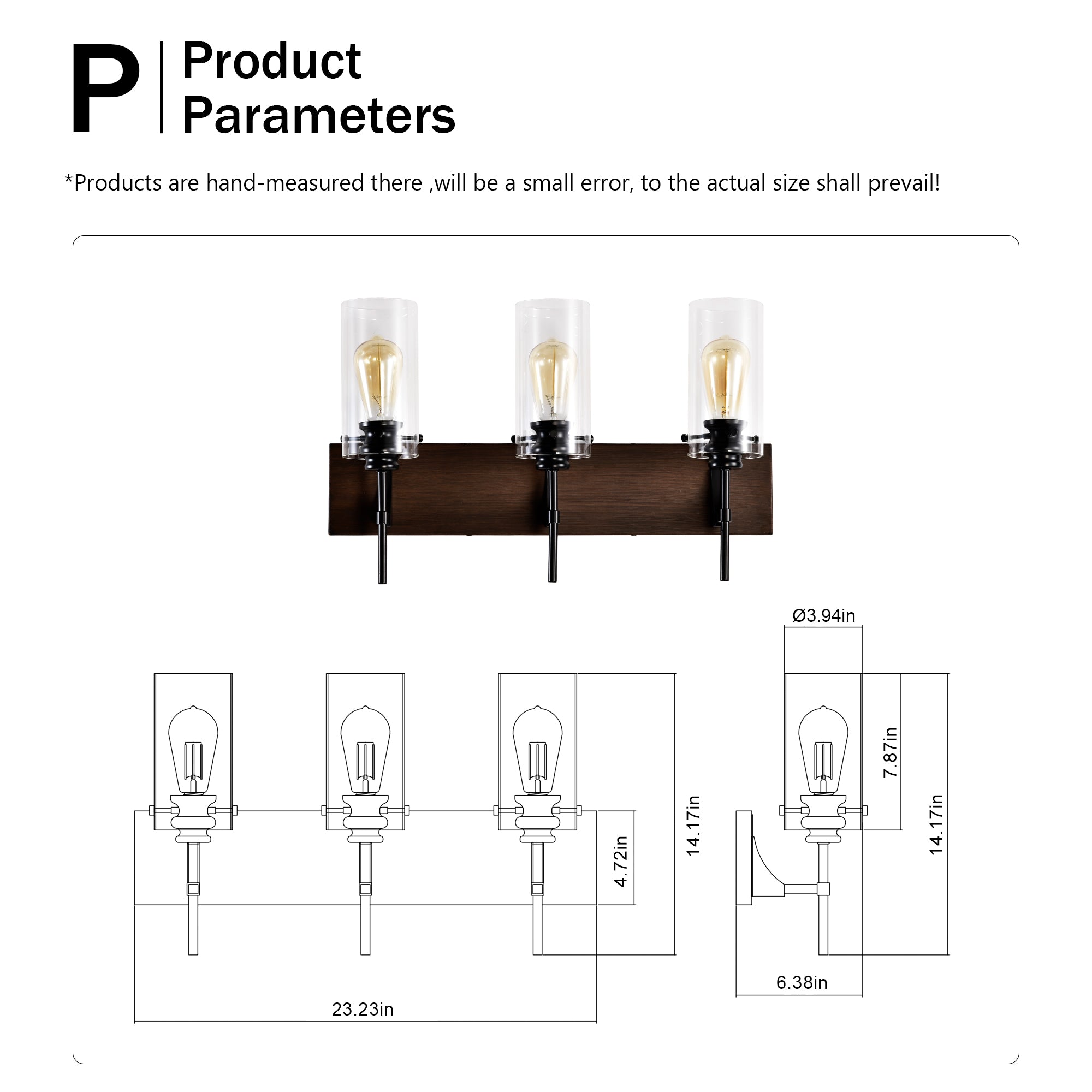 Wood Tone & Black 3-Light Bathroom Vanity Light, Modern Wall Sconce Fixture