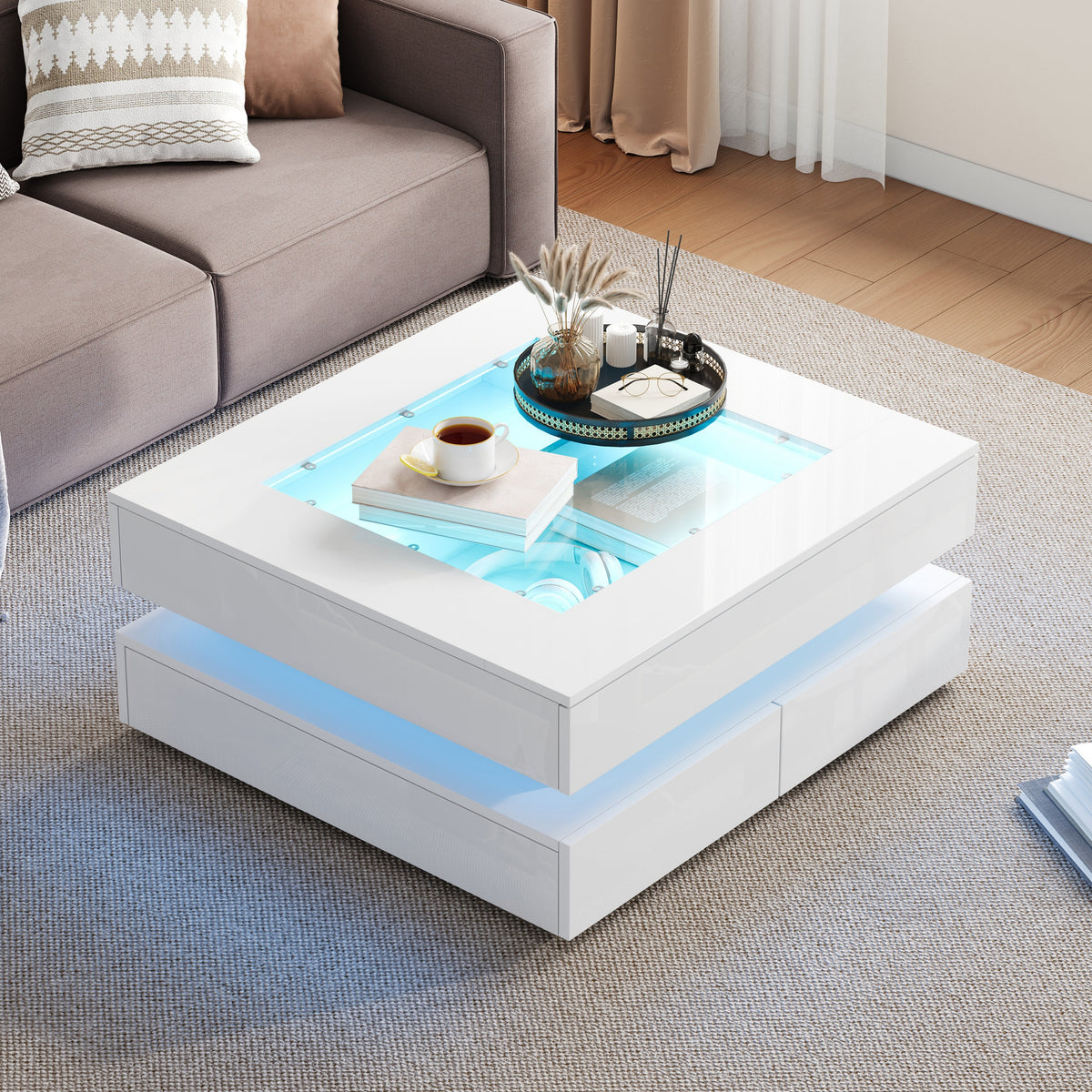 Geometric Glass-Top LED Coffee Table with 3 Drawers, White